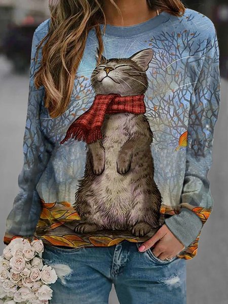 

Plus Size Vintage Animal Cotton-Blend Shirts & Tops, Blue, Winter Clearance