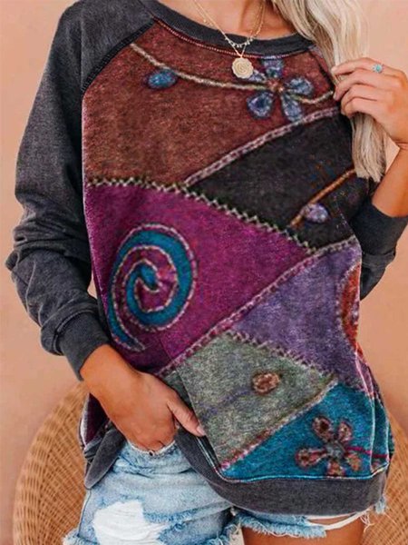 

Geometric Floral-Print Casual Crew Neck Shirts & Tops, Gray, Tops