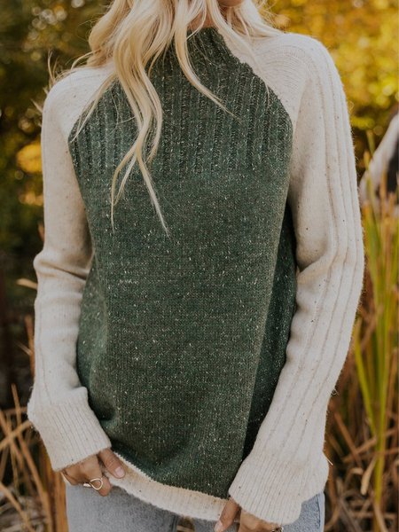 

Contrast color high-neck jacquard long-sleeved woolen top, Green, Sweaters