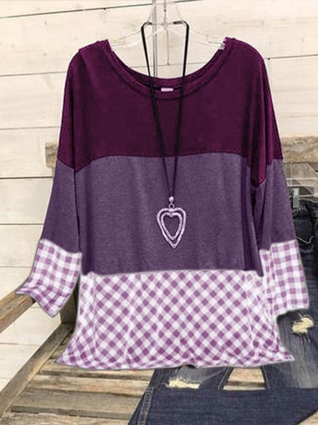 

Checkered/plaid Casual Long Sleeve Cotton-Blend Tops, Purple, Auto-clearance