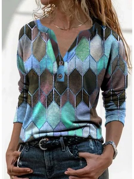 

JFN V Neck Geometric Buttoned Casual Long Sleeve Top, Blue, T-Shirts