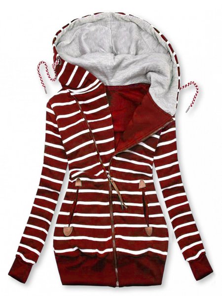

Autumn and winter casual striped long sweater Casual Turtleneck Shift Fleece Coat, Wine red, Coats