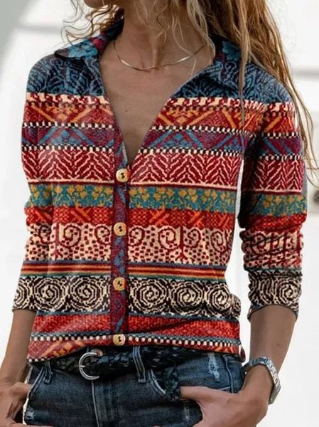 

Casual Striped V Neck Cotton-Blend Shirts & Tops, Red, Tops
