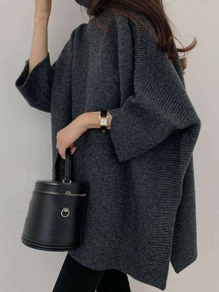 

Turtleneck 3/4 Sleeve Solid Sweater, Dark gray, Sweaters