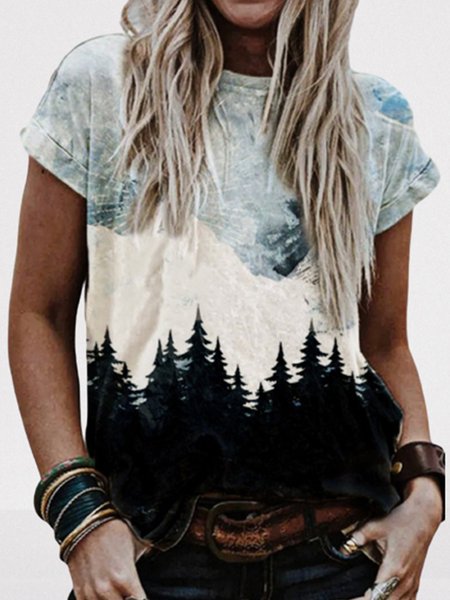 

Plus Size Cotton-Blend Crew Neck Short Sleeve Floral T-shirt, T-Shirts