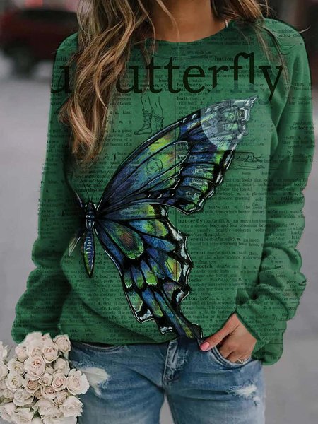 

Butterfly Alphabet Graphic Casual Sweatshirt, Green, Hoodies&Sweatshirts