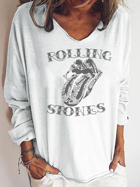 

White Casual Printed V Neck Shift Long Sleeve Shirts & Tops, Hoodies&Sweatshirts