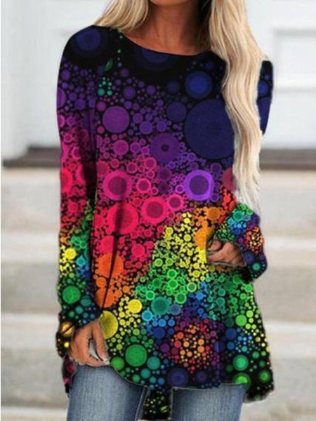

Printed Long Sleeve Round Neck Shirts & Tops, Multicolor, Tops