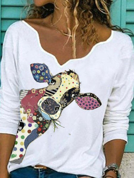 

Cotton Printed Casual V Neck Shirts & Tops, White, Tops