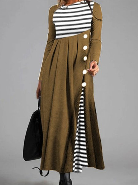 

Abito Girocollo Maniche Lunghe Semplice, Cachi, Midi Dresses