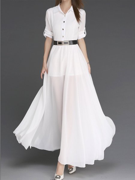 

Shirt Collar Daily Casual Maxi Dress, White, Maxi Dresses