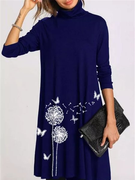 

Simple Turtleneck Long Sleeve Dresses, Purplish blue, Dresses