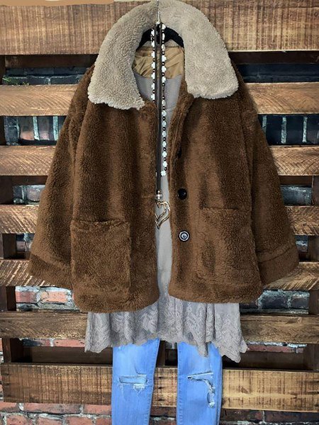 

Solid Warm Teddy Pocketed Coat Jacket, Brown, Coats