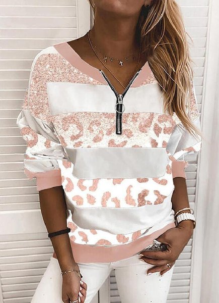 

V Neck Long Sleeve Shift Sweatshirts, Pink, Tops