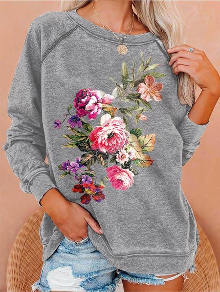 Floral Graphic Sweatshirt, Gray, Hoodies&Sweatshirts