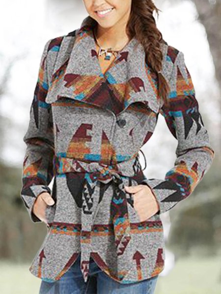 

Geometric Long Sleeve Casual Fleece Coat, Gray, Trench Coats