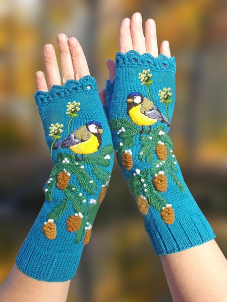 

Embroidered Bird fingerless Knitted Gloves, Green, Scarves & Gloves