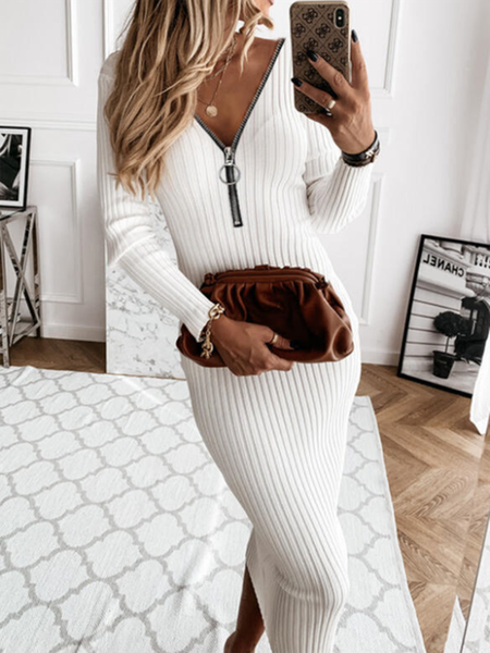 

Long Sleeve Casual Weaving Dress, White, Dresses