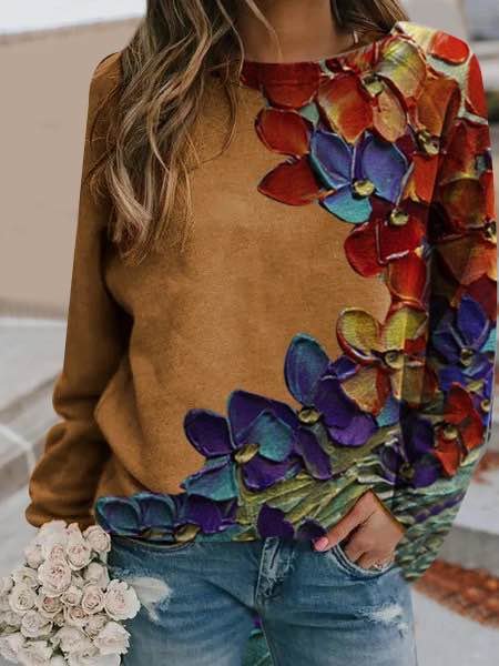 

Cotton-Blend Long Sleeve Tops, As picture, Tops