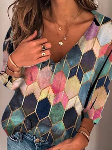 

Top Scollo a V Casuale Maniche Lunghe Misto Cotone, Come immagine, Blouses & Shirts