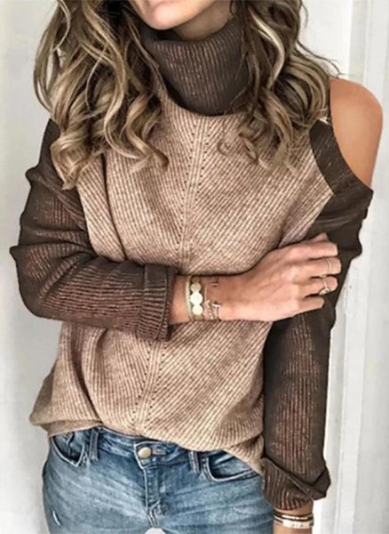 

Color Block Turtleneck Casual Sweaters, Brown, Sweaters