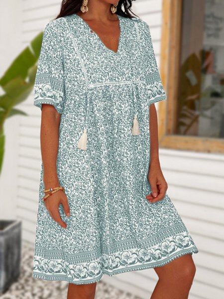 

Long Sleeve Cotton Boho Weaving Dress, Light blue, Floral Dresses
