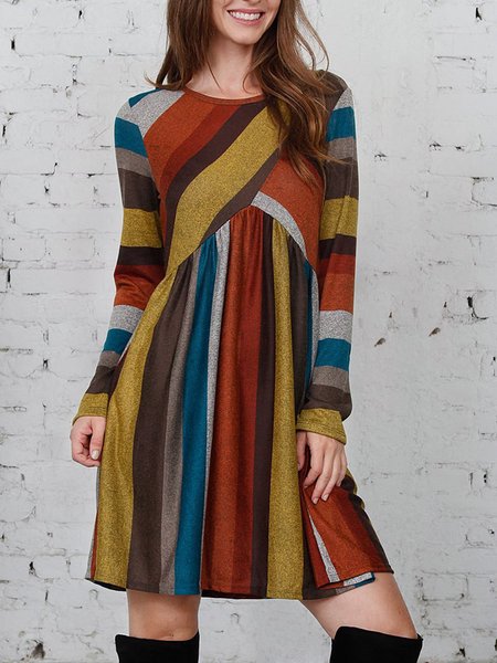

Color strip stitching A skirt Vintage Long Sleeve Dresses, Multicolor, Dresses