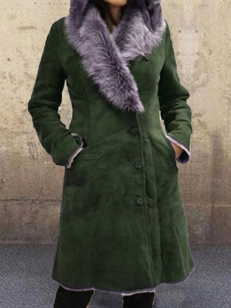 

Warm Cotton Long Sleeve V Neck Shift Jacket, Green, Trench Coats