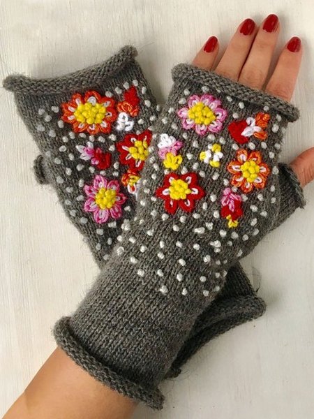 

Guanti & Muffole Ricamato Fiore Senza Dita Guanti, Grigio, Scarves&Gloves
