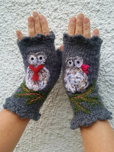 

Embroidered Fingerless Gloves Gloves & Mittens, Gray, Scarves & Gloves