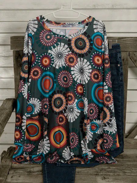 

Vintage Multicolor Plus Size Long Sleeve Crew Neck Statement Geometric Printed Casual Tops, Blouses & Shirts