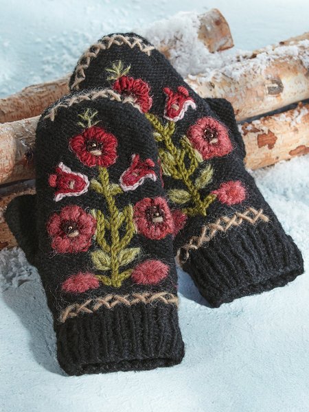 

Antique flower gloves embroidered gloves, Deep gray, Women Gloves