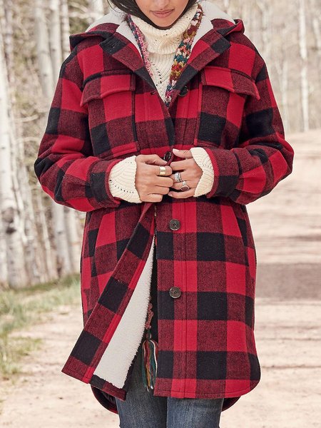 

Plaid Long Sleeve Casual Fleece Coat, Red, Outerwear