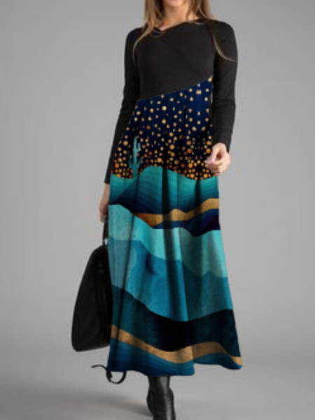 

Plus size Long Sleeve Printed Casual Dresses, Blue, Maxi Dresses