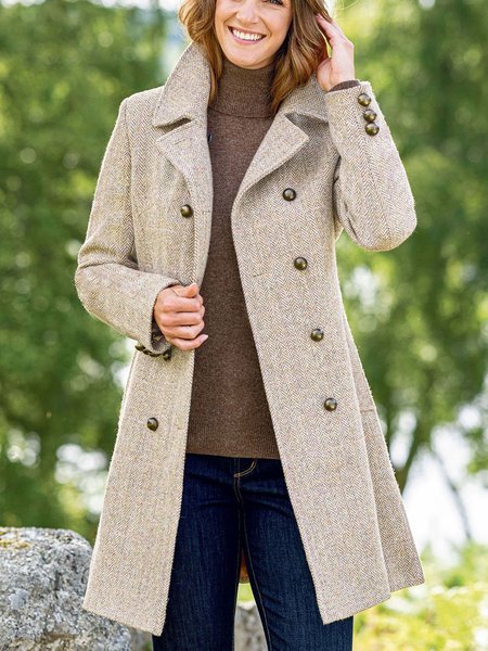 

Shawl Collar Casual Shift Fleece Coat, Beige, Trench Coats