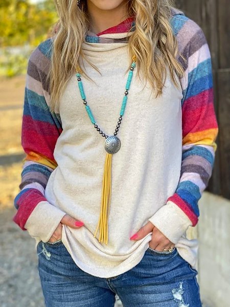 

Long Sleeve Hoodie Stripes Sweatshirt, Apricot, Hoodies&Sweatshirts