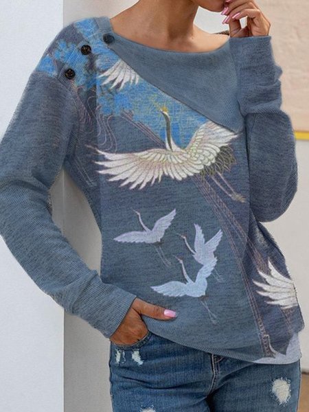 

Top Maniche Lunghe Floreale Misto Cotone, Blu, Blouses & Shirts