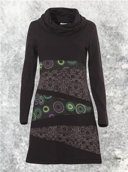 

Geometric Long Sleeve Floral-Print Casual Weaving Dress, Black, Dresses