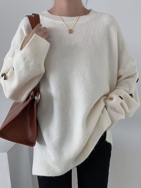 

Long Sleeve Crew Neck Solid Sweater, White, Sweaters