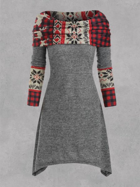 

Round Neck Long Sleeve Cotton Printed Dresses, Gray, Dresses