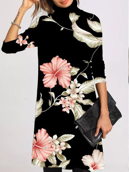 

Abito Dolcevita Casuale Stampato Maniche Lunghe, Nero, Midi Dresses