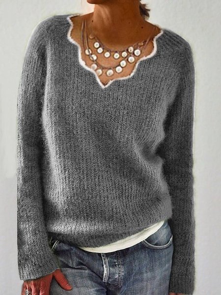 

Long Sleeve Cotton-Blend V Neck Sweater, Gray, Sweaters