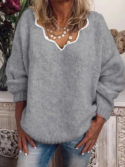 

Cotton-Blend V Neck Long Sleeve Sweater, Gray, Sweaters