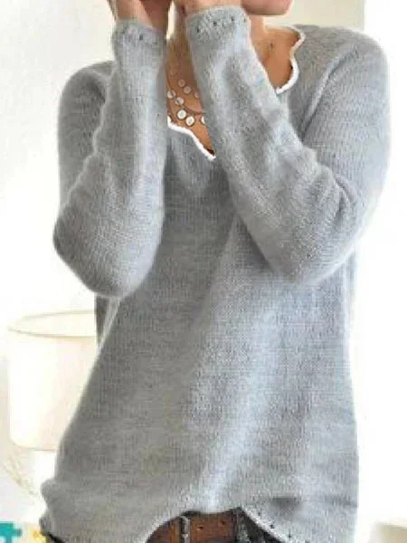 

Solid Cotton-Blend Long Sleeve V Neck Sweater, Gray, Sweaters