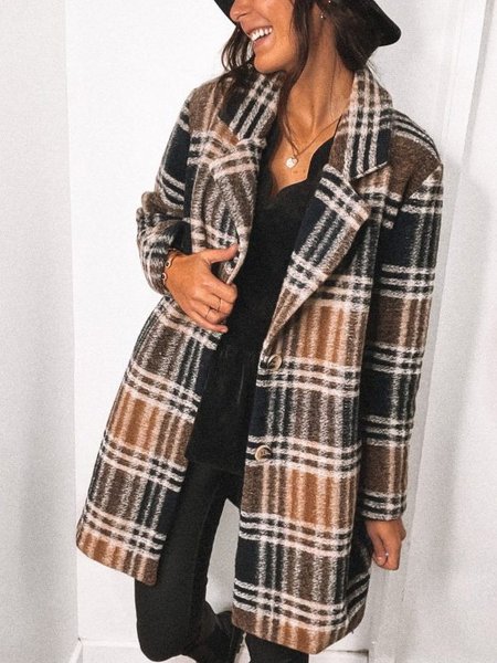 

Casual Lapel Checkered/plaid Jacket, Khaki, Blazers