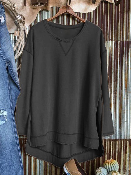 

Cotton-Blend Casual Plain Long Sleeve Shirts & Tops, Black, Tees & T-shirts