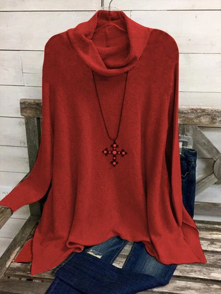 Cowl Neck Long Sleeve Plain Sweatshirt, Red, Hoodies & Sweatshirts