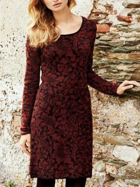 

Red Vintage Casual Floral Long Sleeve A-Line Dresses, Dresses