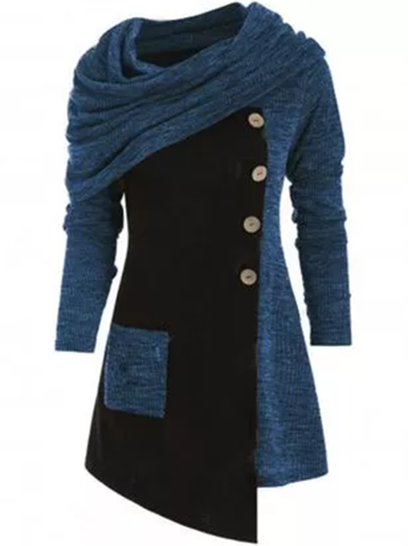 

Knitted Cowl Neck Long Sleeve Vintage Knitting Dress, Blue, Basic Dresses