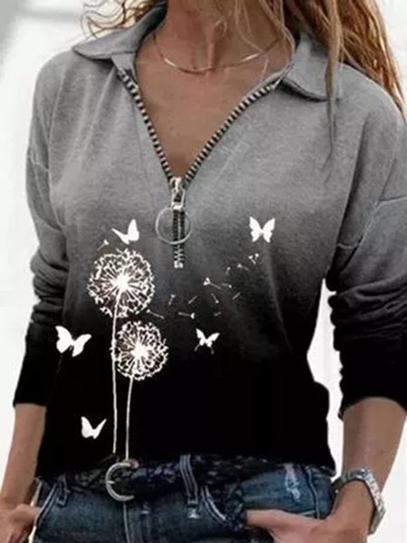 

Floral Casual V-Neckline Long Sleeve Blouses, Gray, Tops